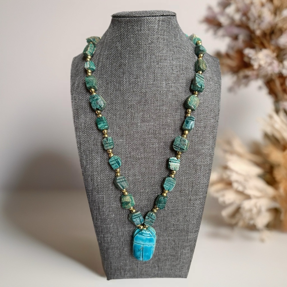 Vintage Carved Stone Scarab Beetle Egyptian Revival Chunky Statement Necklace